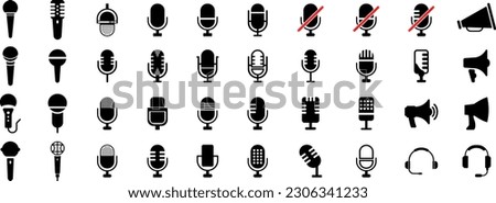 Microphone icon set. Different microphone collection. Podcast mike, journalist microphone, karaoke, conference. Vector illustration
