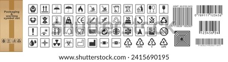 Common packaging, warning symbol set. Handle with care, collection of goods such as fragile cargo, logo vector apps website. Isolated on transparent