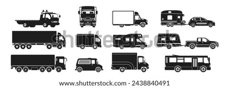 Cargo truck and van icon. large set of simple vehicle silhouettes