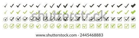 Green check mark and red cross icon set, circle and square. Tick symbol in green color. Hand drawn checkmark illustration