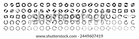 Arrows set of 110 black icons. Arrow icon. Set of circle arrows rotating on white background. Refresh, reload, recycle, loop rotation sign collection