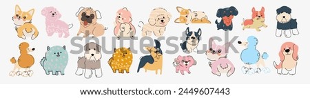 Cute dogs doodle vector set. Different pets in various poses. Set of funny pet animals isolated on white background