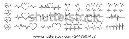 Heart beat line. Thin line vector set of signs for infographic, logo, app development and website design. Heart rhythm set, Electrocardiogram, ECG EKG signal, 