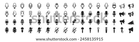 Microphone icon set. Different microphone collection. Podcast mike, journalist microphone, karaoke, conference. 
