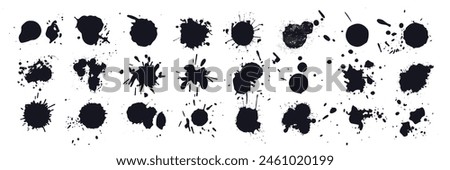 Black ink blots with drops. Different handdrawn spray design elements. Paint ink splatter, stains set. Splash of paints with drops.