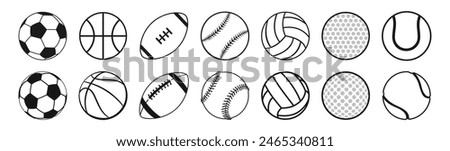 Sports balls minimal flat icon set. Baseball, American Football, Soccer, Volleyball, Golf, Basketball, Tennis. Trendy logo designs