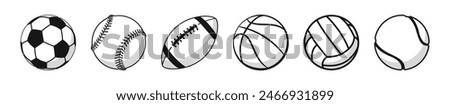 Ball icons. Balls for Football, Soccer, Basketball, Tennis, Baseball, Volleyball. 