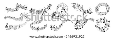 Music notes wave isolated, group musical notes background. Musical notes melody on transparent background