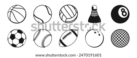 Sports balls minimal flat icon set. Vector Sport Balls and equipment Illustrations isolated on transparent background