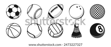 Ball icons. Balls for Soccer, Football, Tennis, Golf, Bowling, Basketball, Hockey, Volleyball, Rugby, Pool, Baseball. Sports balls minimal flat icon set