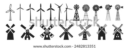 Windmill icon set. Air energy concept. Ecology, alternative renewable energy, green, electricity, recycle, save the planet.