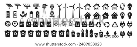 Ecology icon set. Eco green friendly icon on transparent background. Solar energy, windmill, recycling and sorting of waste.