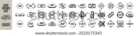 360 Degrees View Vector set.  Round signs with arrows rotation to 360 degrees. Virtual reality icons. Vector illustration isolated on transparent background