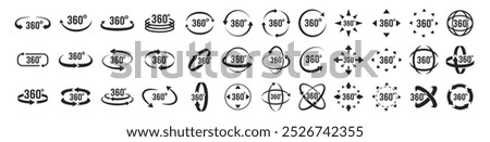 360 Degrees View Vector set.  Round signs with arrows rotation to 360 degrees. Virtual reality icons. Vector illustration isolated on transparent background