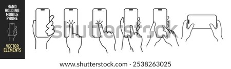 Hand holding mobile phone with blank screen in line style on transparent background. Finger touching blank screen. Vector smart phone, electronic device line art icon