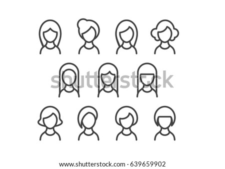 Set of profile picture icons of women with beautiful hairstyles in line style
