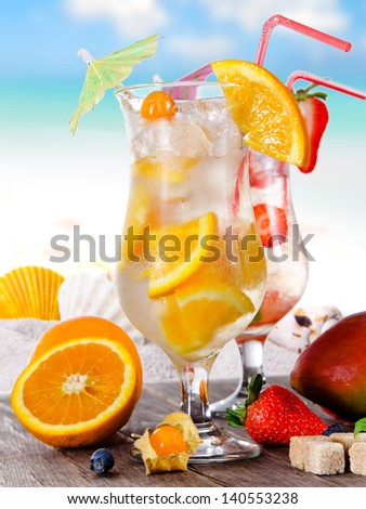 Summer drinks on sunny beach