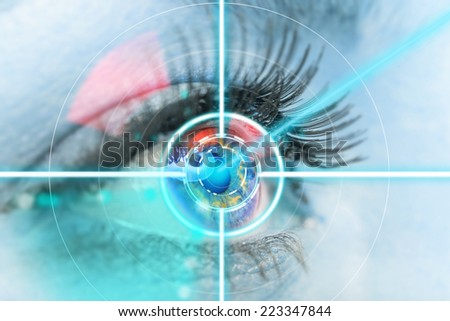Close-up woman eye with laser medicine, technology concept.