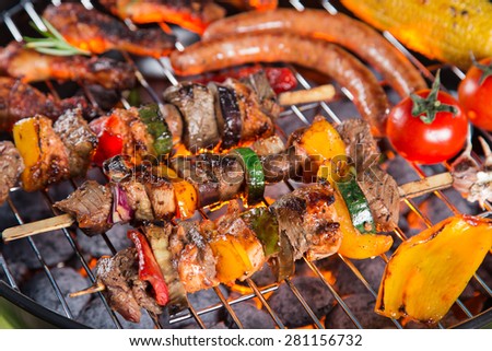 Delicious meats on garden grill, barbecue time.