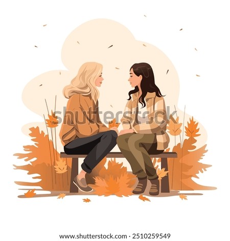 Two young girls sitting on a bench in an autumn park