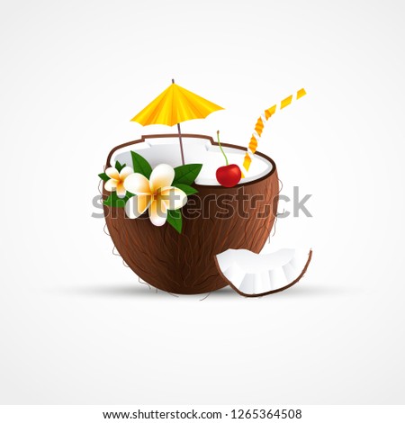 Coconut cocktail. Summer cocktail with exotic fruit, flower, cherry, umbrella. Vector