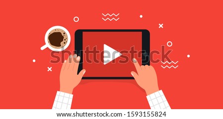 Watching YouTube video. Hands holding tablet. Top view. Vector