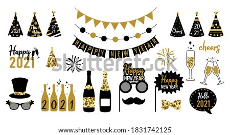 New Year party celebration. Champagne bottle and glasses. New year stickers. Vector