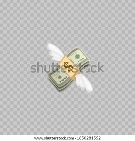 Flying money emoji with wings. Dollar stack. Vector