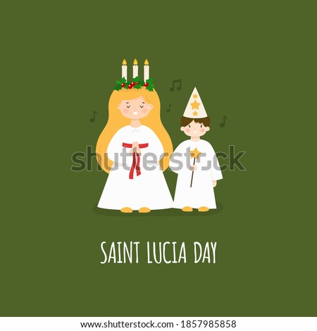St Lucia Day. Kids wearing traditional costumes. Boy and girl with candles, star, wreath. Vector