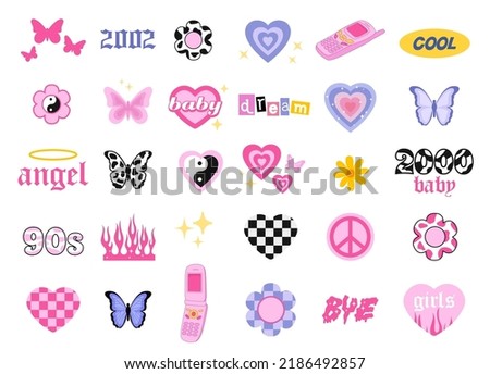 Y2k style icons. Glamorous  trendy doodles set. 90s and 2000s style. Vector