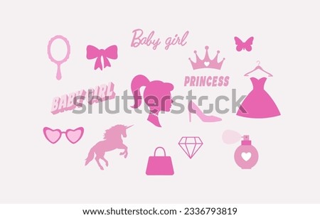 Barbie Baby girl, princess. Cute pink icons collection - shoes, dress, perfumes, bag, unicorn, mirror. Vector