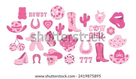 Cowboy and cowgirl pink icons set. Cowboy hat, disco ball, boots, lucky, cactus. Y2K pink core. Vector