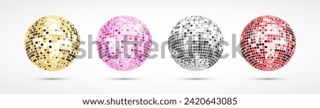 Disco ball set. Realistic shiny mirror disco ball collection. Vector