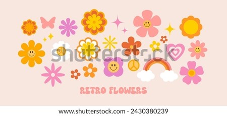 Retro groovy flowers set. Simple flat illustration. Vector