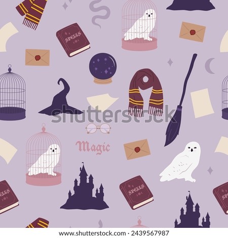 Magic. Seamless pattern. Fairy tales, castle, owl, book, broom. Vector