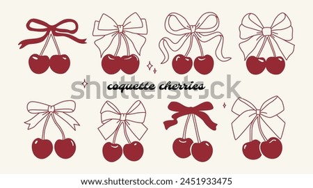 Coquette cherries with gift bow. Cherries with ribbon. Cute trendy line art set. Vector