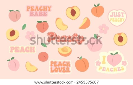 Peaches set. Juicy Cute peach fruit. Simple flat doodle. Vector