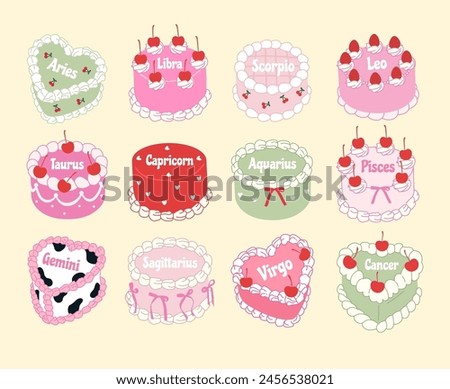 Cute zodiac cakes. Y2k style. Zodiac signs. Birthday cake set. Vector