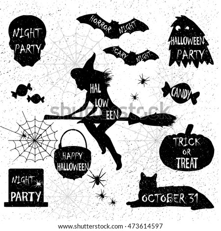 Halloween Silhouettes. Witch, pumpkin, black cat. Halloween party. Spider sticker. Trick or treat. Vector icons.