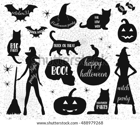 Halloween silhouettes. Witch, pumpkin, black cat. Halloween party. Spider sticker. Trick or treat. Vector icons.