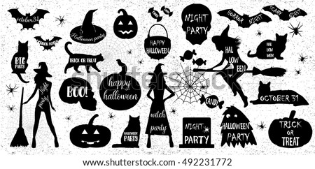 Halloween Silhouettes. Witch, pumpkin, black cat. Halloween party. Spider sticker. Trick or treat. Vector icons.