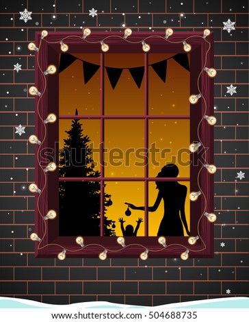 Download Vector Images Illustrations And Cliparts Christmas Window With Tree Silhouette Mother And Her Child They Decorated Room And New Year Tree For Christmas Happy Family Wait For Christmas Brick Wall Garland And Snow Outside PSD Mockup Templates