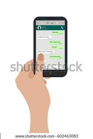 Hand holding mobile phone isolated on white. Vector illustration. Social network concept. Messenger window. Chating and messaging concept. Green chat boxes.