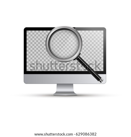 Computer and Realistic Magnifying glass.Vector illustration.Computer pc with transparent screen for your image.3d vector mock up.Analytics, search, discovery, examine, study concept.Isolated on white.