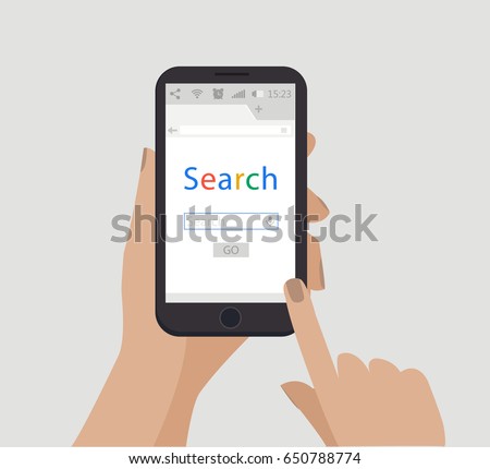 Search concept. Hand holding smartphone. Vector. Simple flat style illustration. Online search with mobile phone.