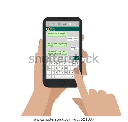 Hand holding smartphone, touching screen and write message in social network. Vector. Keyboard of mobile phone, alphabet buttons. Messenger window. Chating and messaging concept. Green chat boxes.