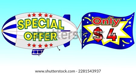 Special offer only $ 4, vector illustration, zeppelin illustration, vector for wholesale and retail trade, blue, white, yellow, red illustration. God is good always!