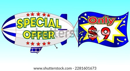 Special offer only $ 9, vector illustration, zeppelin illustration, vector for wholesale and retail trade, blue, white, yellow, red illustration. God is good always!