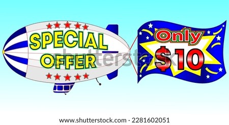Special offer only $ 10, vector illustration, zeppelin illustration, vector for wholesale and retail trade, blue, white, yellow, red illustration. God is good always!