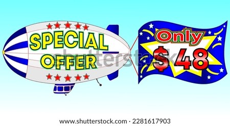 Special offer only $ 48, vector illustration, zeppelin illustration, vector for wholesale and retail trade, blue, white, yellow, red illustration. God is good always!